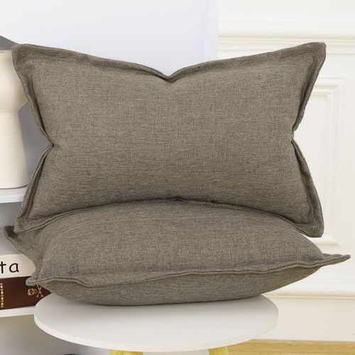 MADIZZ Pack of 2 Faux Rustic Linen Throw Pillow Covers with Flange Edge Soft Boho Natural Decorative Pillowcases for Sofa Living Room Modern Throw Pillows for Bed 12x20 Inch Brown - color: Brown, size: 20" x 12" (Pack of 2)