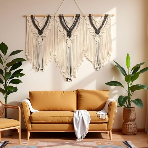 guzhiou Large Macrame Wall Hanging, Boho Woven Tapestry Decor Art, 43"x32" - color: Beige-grey