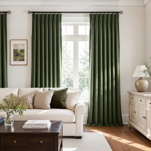 Moss Green Velvet Pinch Pleated Curtains 96 Inches Long,Thick Room Darkening Privacy Drapes with Hooks for Living Room Bedroom,or Dining Room, Hunter Olive Home Decor, Set of 2,W40 - color: Mossgreen, size: 40"W x 96"L (Pack of 2)