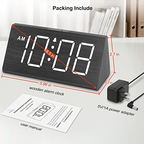 DreamSky Wooden Digital Alarm Clock for Bedroom Living Room, Large Numbers - color: Black
