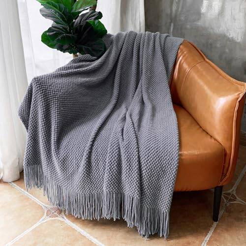 LOMAO Knitted Throw Blanket with Tassels Bubble Textured Soft Lightweight Throws for Couch Cover Home Decor (Dark Grey, 50x60) - color: Dark Grey, size: 50x60"