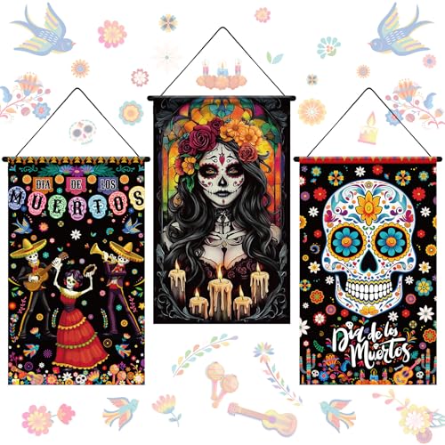 Tegeme 3 Pcs Day of the Dead Door Flag Dia De Los Muertos Front Door Decor - style: Day of the Dead