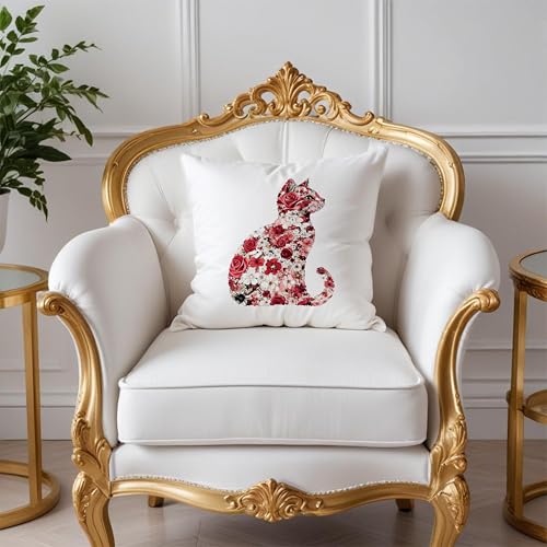Red and White Floral Cat Pillow Covers 18x18, Gifts for Cat Lovers Mom Lady Owners, Elegant Kitten Kitty Decorative Pillow Covers for Home Bedroom Living Room Decor, Pet Lover Gifts - color: Style19