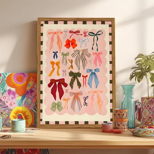 Framed Pink Wall Art, Coquette Colorful Bow Pictures Wall Decor, Trendy Preppy Paintings Canvas Prints Girly Home Decor Aesthetic for Girls Living Room Bedroom Dorm 12x16 inch - color: Colorful Bow, size: 16"L x 12"W