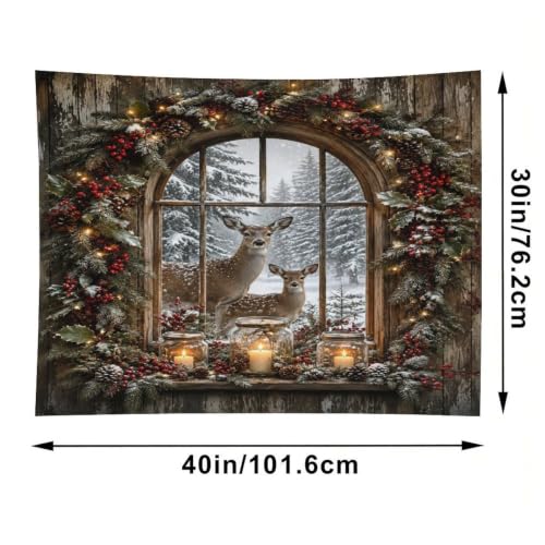 Bgdfhk Christmas Deer Window Scene Decorative Wall Tapestry 30"x40", Soft Polyester Lightweight Tapestry Blanket for Bedroom Living Room Dorm Apartment Home Decor - color: Christmas Deer Window Scene, size: 40"L x 30"W