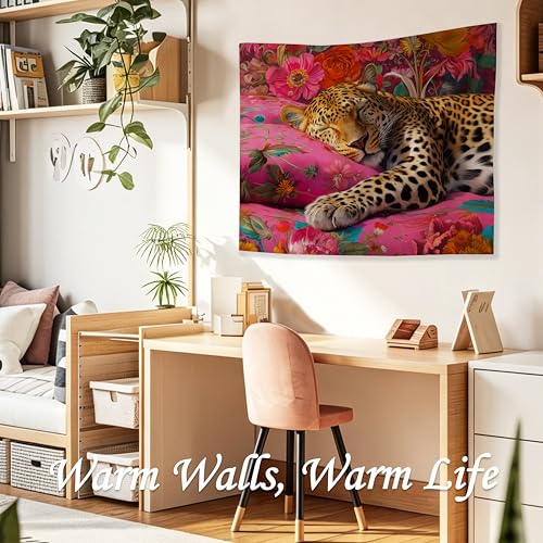 WDSFHYJK Funky Pink Floral Sleeping Leopard Tapestry Wall Hanging, Maximalist Eclectic Jungle Animal Wall Tapestry Backdrop for Bedroom Living Room Home Decor, 50x60 Inch - color: Many colors-Pink Floral Sleeping Leopard