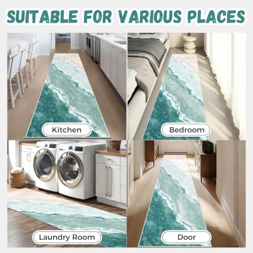 Beach Pattern 2x8ft Runner Rug Non Slip Washable Kitchen Runner Rug with Rubber Backing,Low-Pile Soft Washable Runner Rugs for Hallway Entryway Kitchen Bedroom Living Room Bathroom Teal - color: Teal Beach, size: 2' x 8' (Rug)