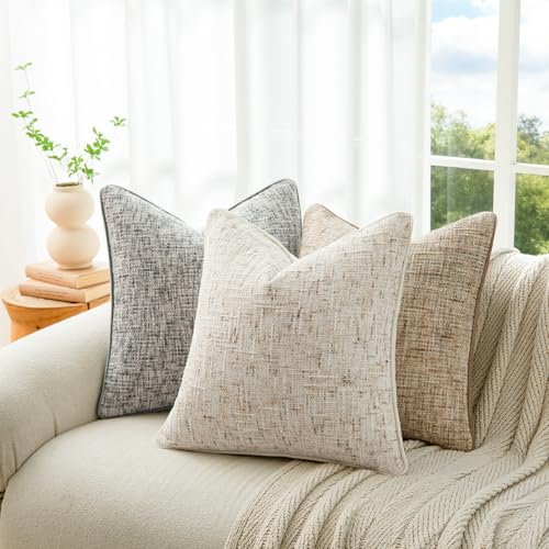 a moment Christmas Beige Reversible Pillow Covers 2 Pack - Farmhouse Chenille Throw Pillows, Neutral Textured Decorative Throw Pillow Covers with Border for Couch Sofa Bed (18x18 Inch, No Insert) - color: Beige, size: 18" x 18" (Pack of 2)