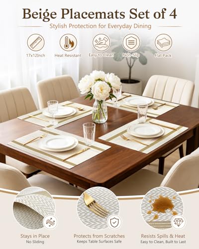 COOLMI Beige Placemats Set of 4, Washable Woven PVC Table Mats, Heat Resistant Non-Slip Place Mats for Dining Table, Flat Pack No Curled Edges, Indoor Outdoor, 17 x 12 Inch - color: Beige