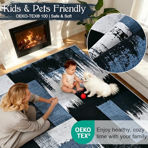 Yinhua Geometric Runner Rug 2x7 Modern Hallway Runner Rugs Low Pile Washable Rugs Non Slip, Soft Faux Wool Area Rug for Bedroom, Kitchen, Laundry, Bathroom, Blue and Gray Carpet No Shedding - color: Blue and Gray, size: 2' x 7'