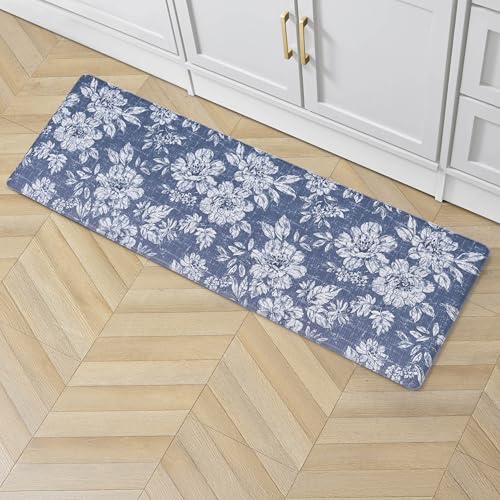 Laura Ashley - Anti-Fatigue Kitchen Mat, Iris Floral Design, Stain, Water & Fade Resistant, Cooking & Standing Relief, Non-Slip Backing, Measures 17.5" x 48", Navy Iris - color: Navy, size: 48"L x 17.5"W x 0.47"Th