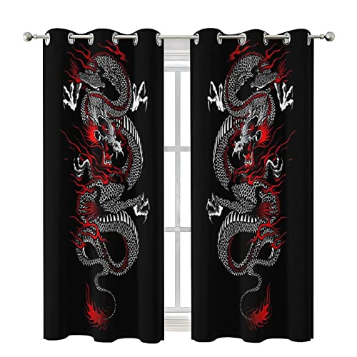 Fantasy Chinese Dragon Curtains - Cool Retro Black Red Japanese Anime Dragon Window Treatment Room Darkening Blackout Curtains Thermal Insulated Grommet Curtains 2 Panels 54L x 21W - color: Fantasy Chinese Dragon, size: 42"W x 54"L (Pack of 1)