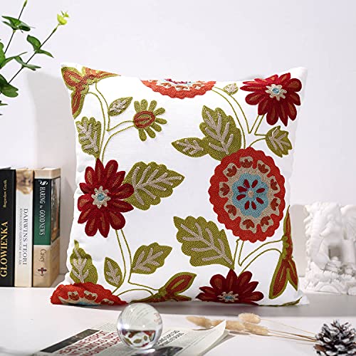 Throw Pillow Case Covers 18x18 inch Set of 2 Decorative Floral Embroidered Design on Solid Natural White Background for Couch, Sofa, Bed - Cushion Not Included
