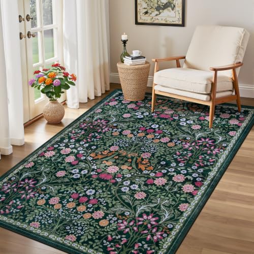 PLHXFR Area Rug Living Room: 3x5 Floral Washable Boho Carpet Dark Green - color: Dark Green, size: 3' x 5' (Rectangular)
