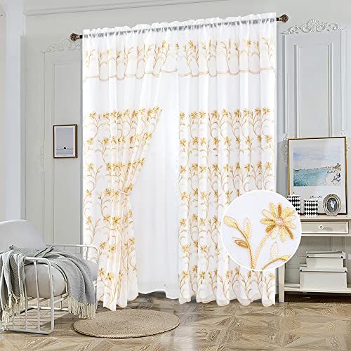 OPT Brand. 2 Layers One Panel Voile Sheer Embroidered Rod Pocket Window Curtain Panel and Valance 81063 (Gold) - color: Gold