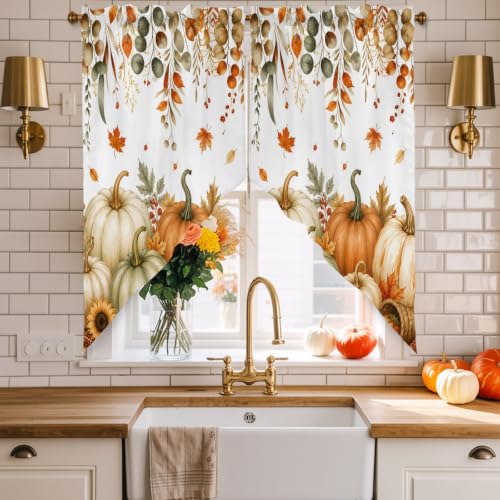 Thanksgiving Swag Valances Kitchen Curtains 36 Inches Length,Fall Green White Pumpkin Tier Drapes Swag Topper,Eucalyptus Maple Leaf Floral Short Curtains for Small Windows Bathroom 2 Panels 28"x36" - color: Orange Sage Green White, size: 28"W x 36"L (Pack