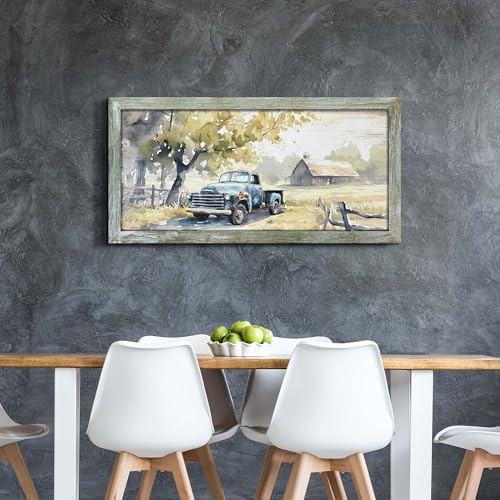 Framed Rustic Barn Wall Art: Large Farm Wooden Country Farmhouse Truck Painting Picture Old Car Countryside Field Landscape Print Artwork for Living Room Bedroom Home Office Decor 48" x 24" - color: Barn 02, size: 48"L x 24"W
