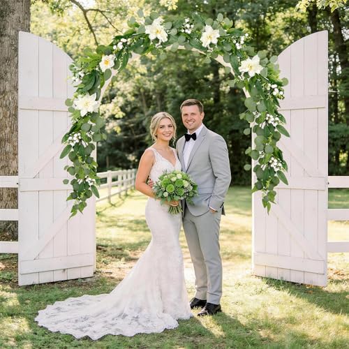 Artificial Eucalyptus Garland with Lights,Fairy Light Olive Leaves Vine Garland with White Flowers & White Berries, Bendable Mantle Garland for Indoor Outdoor Wedding, Home Decoration (6FT) - size: 6FT