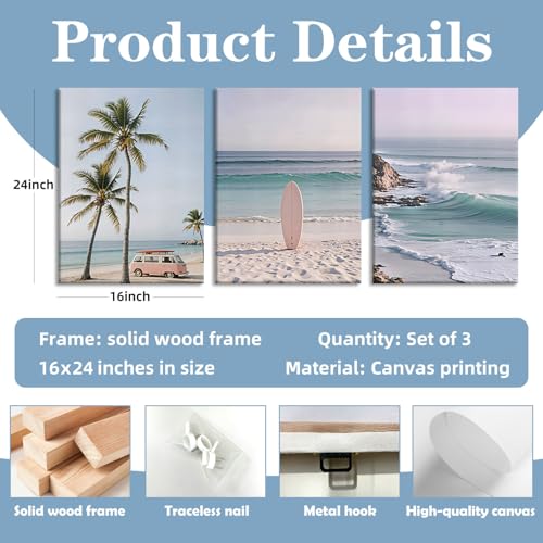 HCJWCXD 3 Pcs Coastal Beach Canvas Wall Art Boho Beach Scene 16x24 Inch - color: Pink car, size: 16x24 Inches