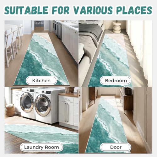 Beach Pattern 2.6x8ft Runner Rug Non Slip Washable Kitchen Runner Rug with Rubber Backing,Low-Pile Soft Washable Runner Rugs for Hallway Entryway Kitchen Bedroom Living Room Bathroom,Teal - color: Teal Beach, size: 2'6" x 8' (Rug)