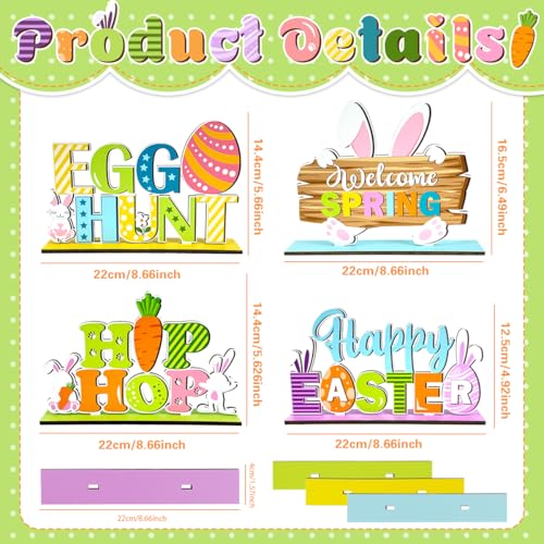 Easter Table Decoration 4 Pcs Wooden Happy Easter Table Centerpiece with Bunny Egg Carrot Tabletop Signs Welcome Spring Decorations for Dinner Party Indoor Outdoor Decor