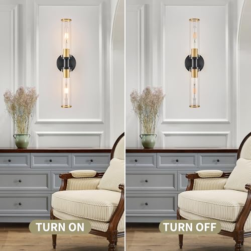 Rayogale Black & Gold Wireless Battery Operated Wall Sconces with Remote - color: Black Gold(Clear Tubular Lampshade)