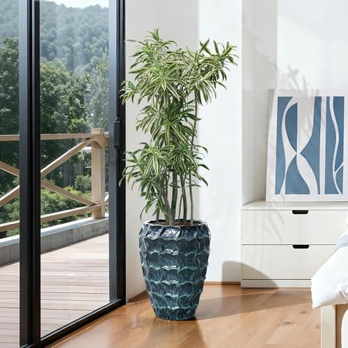 LuxenHome 17.7" Blue Ceramic Plant Pot, Tall Planter with Geometric Texture