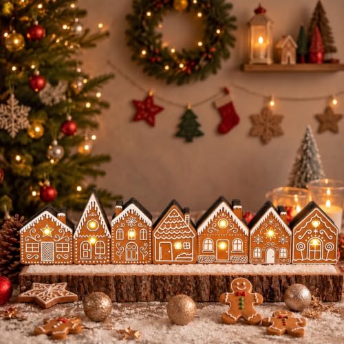 Yousoontic Christmas Table Decorations, Light up Gingerbread House Table Centerpieces Wooden Sign Decorations with LED Lights, 3D Block Xmas Decor for Christmas Tabletop Mantel Desk Home Office Party - style: Gingerbread House