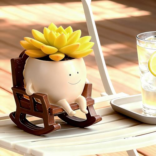 4 Inch Smiley Face Rocking Chair Planter, Resin Succulent Pot with Drainage Hole, Cute Indoor Outdoor Garden Decor for Home, Fall Halloween Thanksgiving Christmas Birthday Gift for Plant Lovers - color: C02-resting Hands Style
