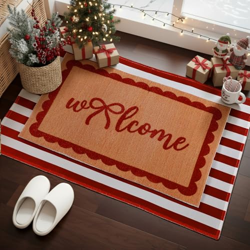 Tinideya 2 Pcs Red and White Stripe Welcome Mats for Front Door - color: Red,white