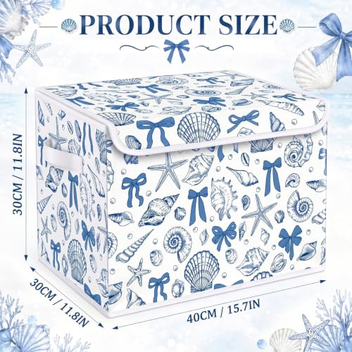 Briwooody Beach Storage Bin with Lid and Carrying Handle Coastal Blue Bow Seashell Foldable Storage Box Summer Bachelorette Party Decorative Collapsible Container Basket for Closet Home Bedroom Gift - style: Blue Bow Seashell