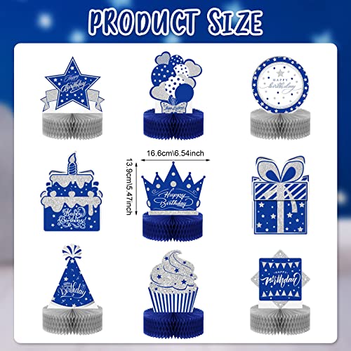 Teling 9 Pcs Happy Birthday Table Decorations Blue and Silver Decorations Navy Blue Centerpieces Happy Birthday Honeycomb Table Centerpieces for Men Women Party Supplies