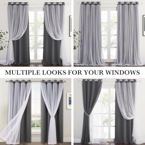 Dark Grey Blackout Curtains with White Sheer Overlay for Girls Bedroom/Drom - color: Grey, size: 52"W x 63"L (Pack of 2)