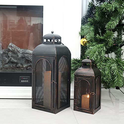 럭셔리 랜턴 장식 야외 및 실내, 2개 세트 (48.3cm(19인치) 및 33cm(13인치)) 금속 캔들 랜턴 장식, 빈티지 벽걸이 캔들 홀더, 현관 파티오 웨딩 농가 가정, 크리스마스 장식용 - color: 블랙 브러시 포함 / 48.3cm(19인치)+33cm(1