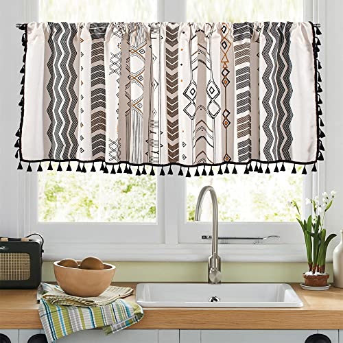 RYNGHIPY Boho Window Valance Cotton Linen Curtain Tiers Farmhouse Window Curtain Topper for Kitchen Living Room Bedroom 55 x 24 Inches Length - color: Cream Black, size: 55"W x 24"L (Pack of 1)