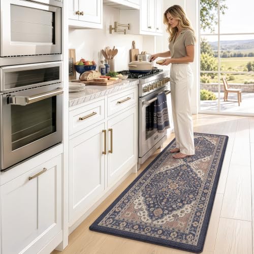 LUMI Kitchen Floor Mat Cushioned Anti Fatigue Runner Rug, 24"x59" - color: Navy & Taupe, size: 59"L x 24"W x 0.4"Th