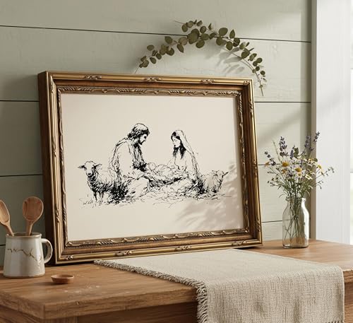 Vintage Gold Framed-Nativity Scene Canvas Wall Art,Rustic Sketch Style Christmas Christian Painting,Minimalist Jesus Birth Picture Wall Decor for Living Room Church Religious 11x9in - color: Nativity, size: 11"L x 9"W