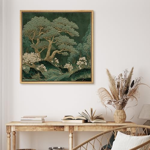 MUDECOR Framed Canvas Print Wall Art Japanese Green Pine Tree Landscape Japandi Illustrations Modern Art Group Colorful for Living Room, Bedroom, Office - 16"x16" NATURAL - color: B09-2604-M21, size: 16"L x 16"W