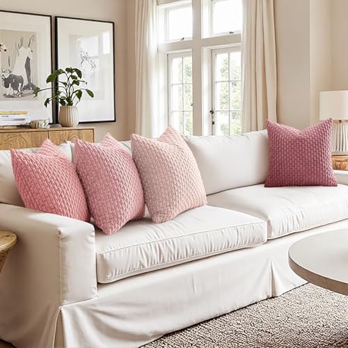 MIULEE Aesthetic Pink Decorative Throw Pillow Covers for Couch Living Room 18x18 Inch Set of 4 Cute Soft Cushion Covers Corduroy Pillowcases Spring Coquette Room Decor for Bed Sofa Room, Blush Rose - color: Pink