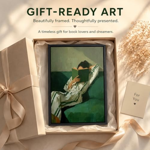 Framed Woman Reading Books Canvas Wall Art - color: look book, size: 16"L x 12"W