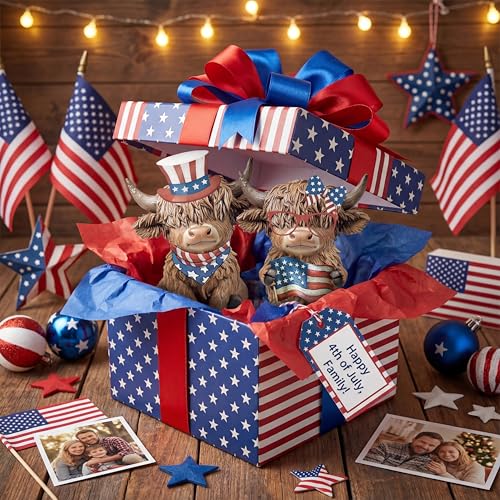 Karenhi 2 Pcs 4th of July Highland Cow Figurines Resin Tabletop Decor - style: 4th of July