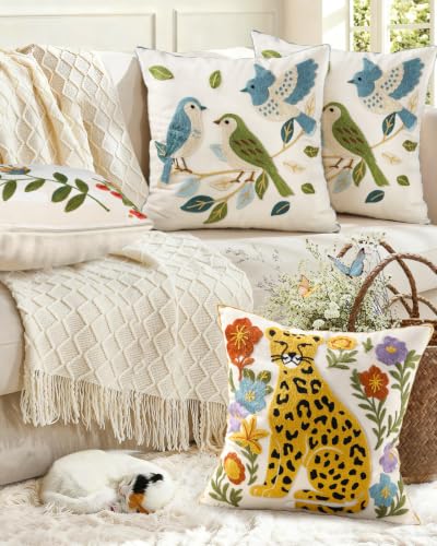 Animal Embroidered Throw Pillow Covers 18x18 Inch, Birds Leaves - color: Floral Birds, size: 18" x 18" (Pack of 2)