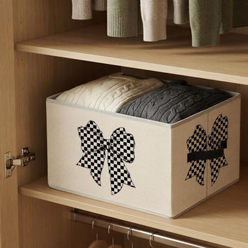 Black and White Checkered Coquette Bow Storage Basket Organizer - color: White Checkered Bow