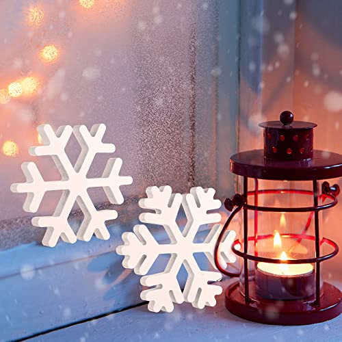 Augisteen 5 Pieces Christmas Wooden Snowflake Decor Winter Snowflake Wood Blocks White Snowflake Table Wood Signs Winter Tiered Tray Wooden Signs for Xmas Party Farmhouse Home Tabletop Shelves