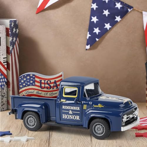 Memorial Day Patriotic Truck Decor, Americana Vintage Pickup Truck Tabletop Decoration, Rustic Farmhouse Tiered Tray Decor for 4th of July Independence Day Home Office - color: independence Day Blue