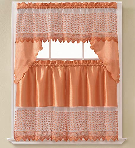 B&H Home Sarah Floral Embroidered 3-Piece Kitchen Curtain Window Treatment Set (Sarah Orange) - color: Sarah Orange