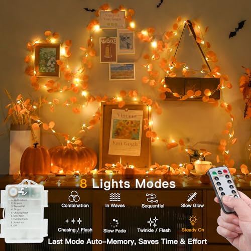 suddus Vine with Fairy Lights Battery Operated, 33ft 100 LED Eucalyptus Leaf String Lights with Remote, Dimmable Fall Garland with Lights for Bedroom Indoor Thanksgiving Christmas Decor (Warm White) - color: Orange Eucalyptus, size: 100 LED-Battery