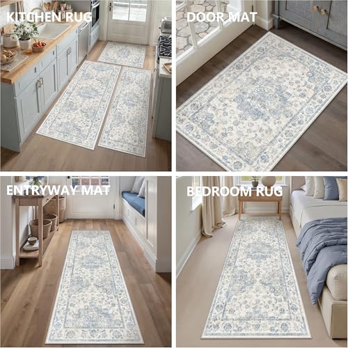 Washable Neutral Blue Kitchen Runner Rug Set of 3 - color: Neutral | Blue, size: 20"x32"+20"x48"+30"x50"