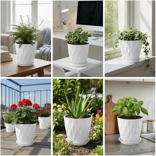8 Inch Plant Pots Plastic Planters with Drainage Holes & Saucer, 6 Pack - color: White 8 Inch