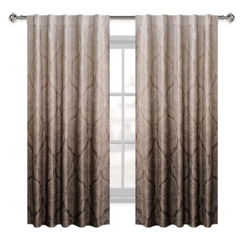 DWCN Brown Ombre Room Darkening Curtains 54 inch Length - Damask Patterned Back Tab Small Window Drapes with Tiebacks Thermal Insulted Curtains for Bedroom/Kitchen, 2 Panels, 52 x 54 Inch - color: Brown, size: 52"W x 54"L (Pack of 2)